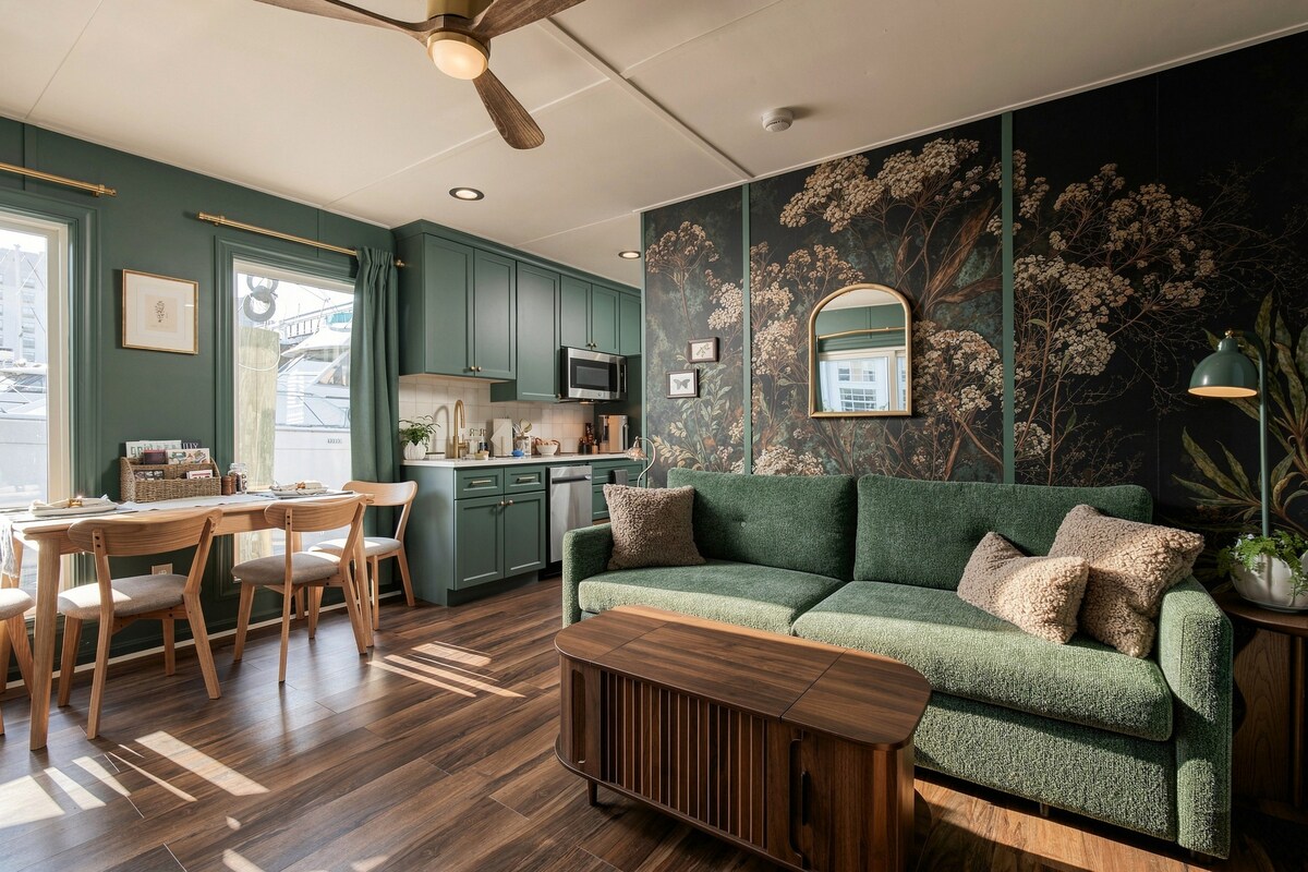 Sofa and shelving beside the window