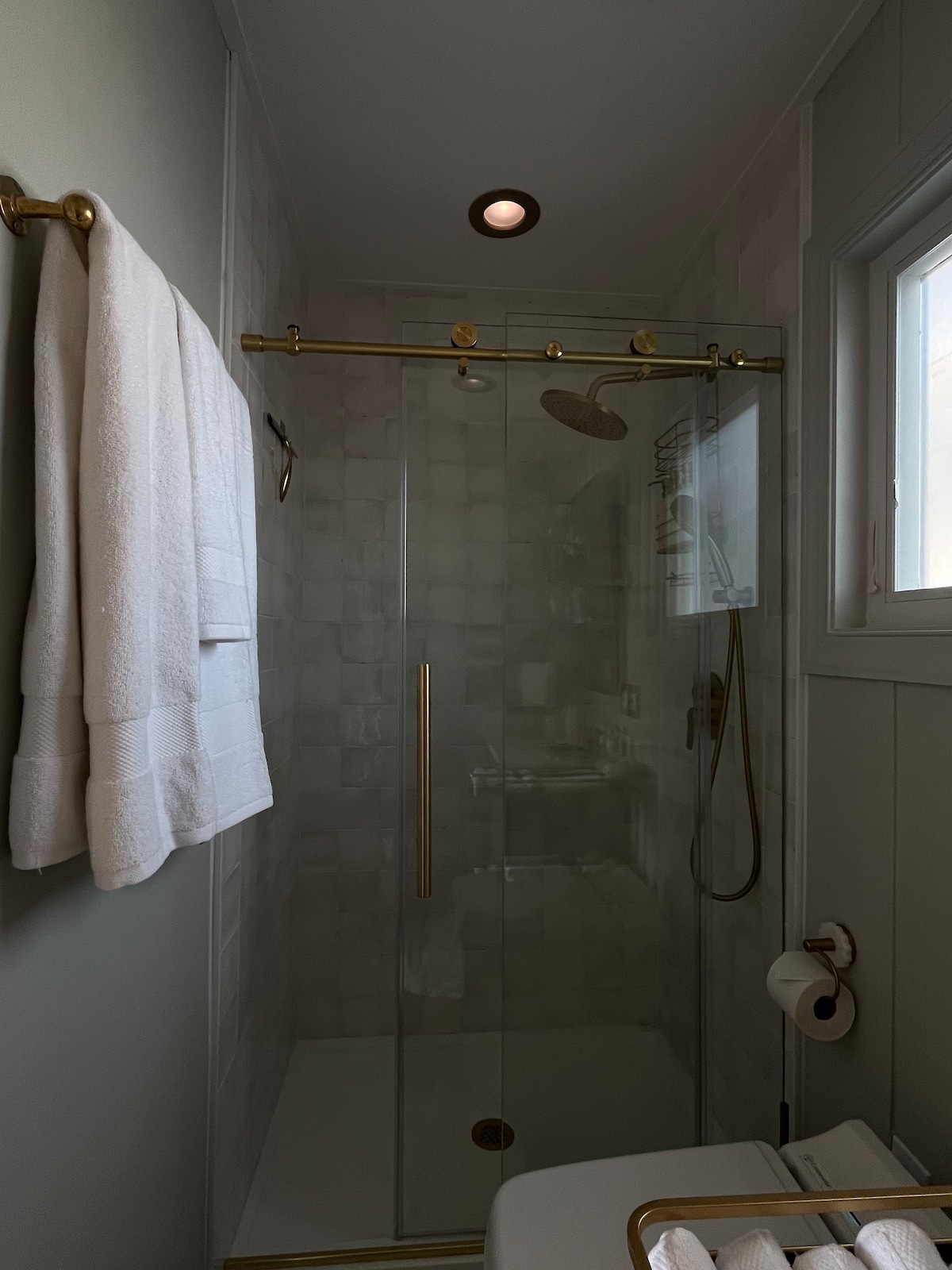 Walk-in shower with brass fixtures