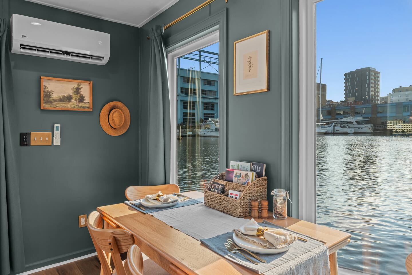 Dining table set beside the window